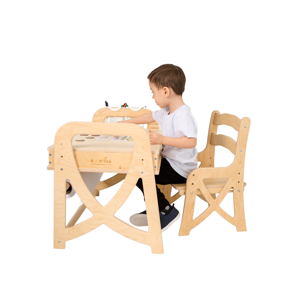 фото Детский деревянный комплект я-егоза, растущая мебель, стол, стул бежевый
