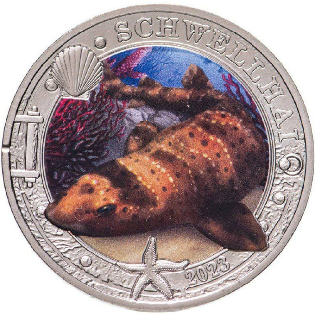Монета 3 евро цветная Калифорнийская раздувающаяся акула, Австрия 2023 UNC
