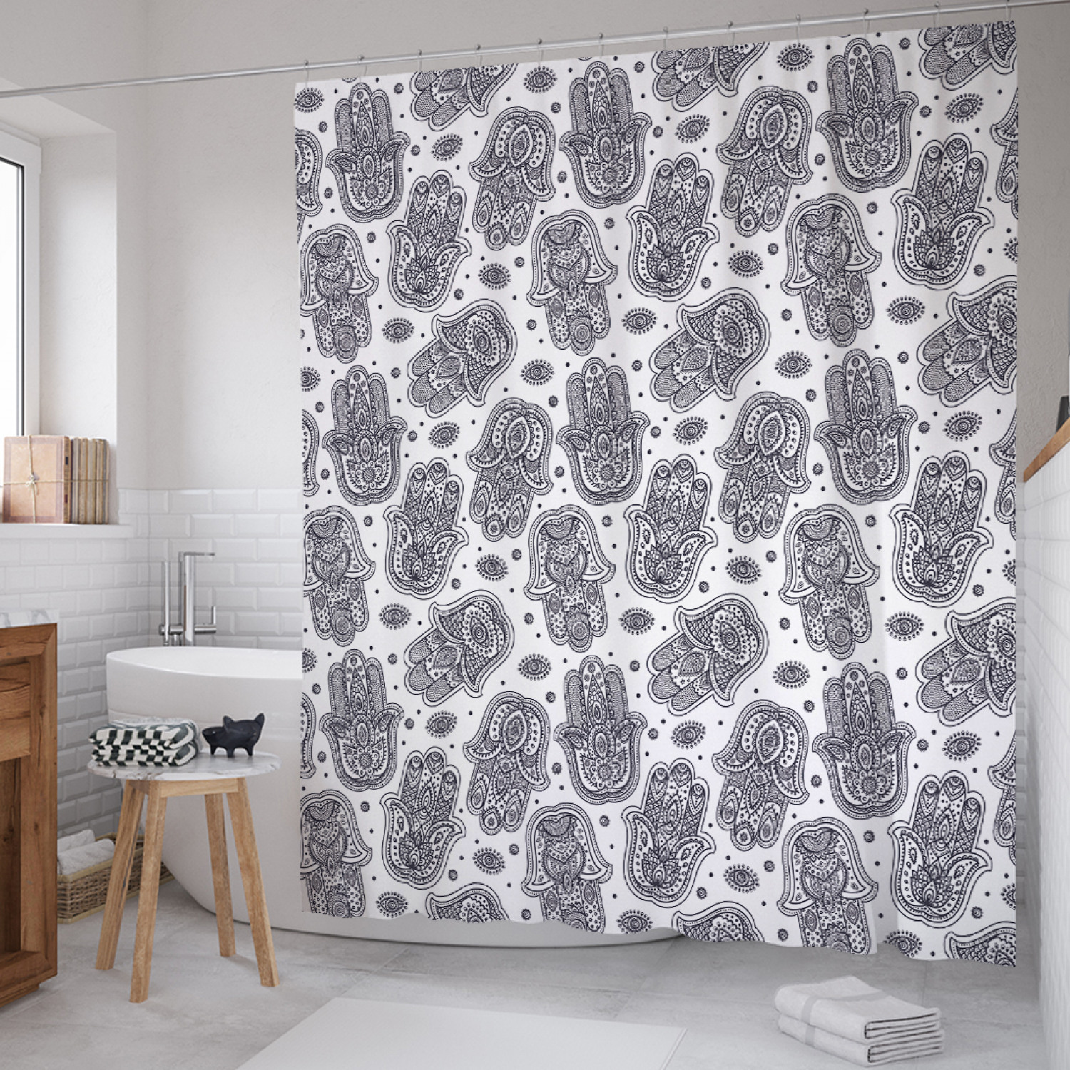 

Штора для ванной JoyArty "Разбросанная хамса" из сатена, 180х200 см с крючками, Разбросанная хамса