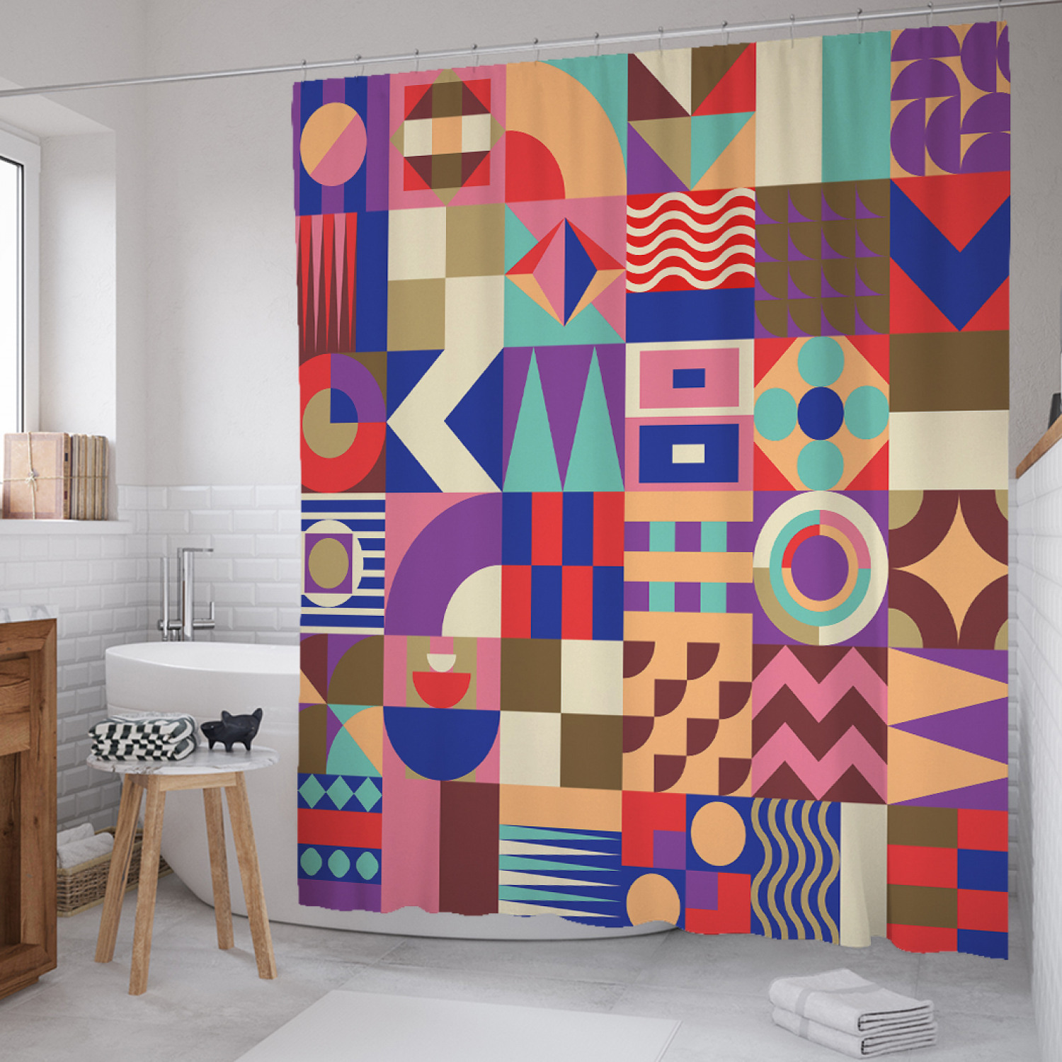 

Штора для ванной JoyArty "Геометрическая мозаика" из сатена, 180х200 см с крючками, Синий, Геометрическая мозаика