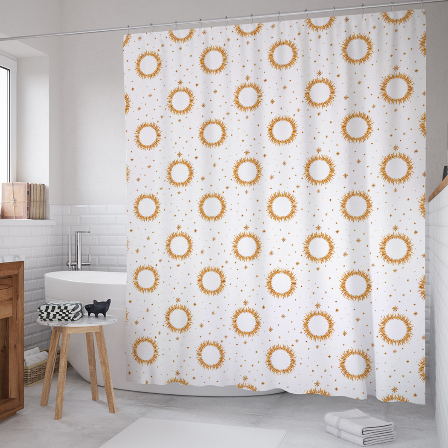 

Штора для ванной JoyArty "Солнце и звезды" из сатена, 180х200 см с крючками, Белый, Солнце и звезды