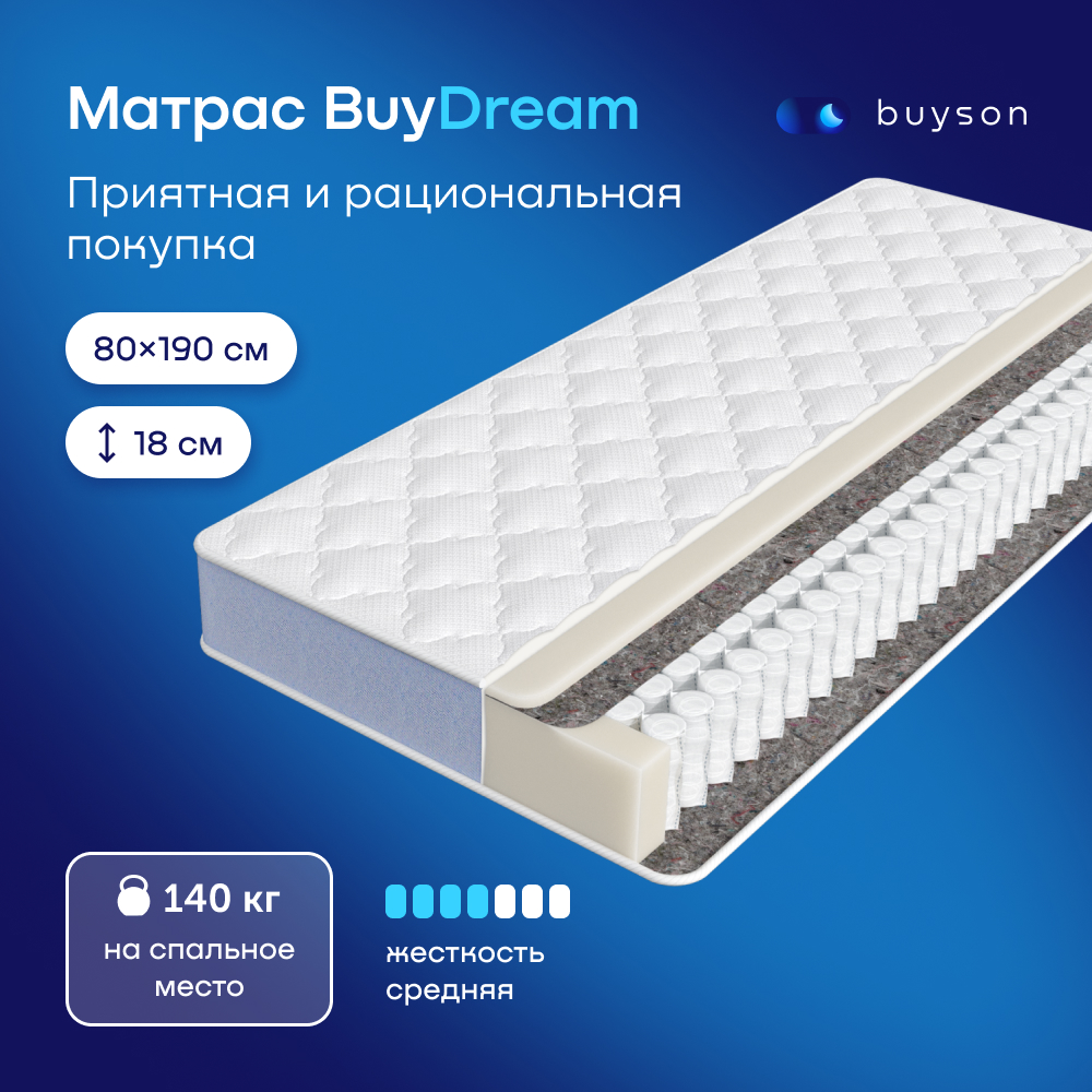 

Матрас buyson BuyDream, независимые пружины, 190x80 см, Белый, BuyDream