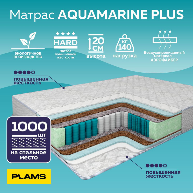 

Матрас пружинный Plams Aquamarine Plus 90х180, Белый, Aquamarine Plus