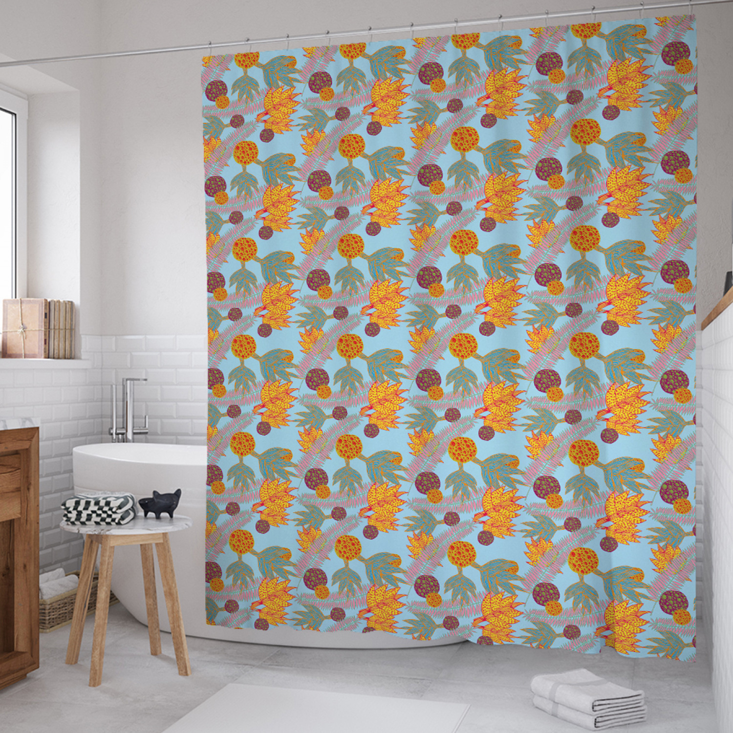 

Штора для ванной JoyArty "Тропические цветные листья" из сатена, 180х200 см с крючками, Голубой, Тропические цветные листья