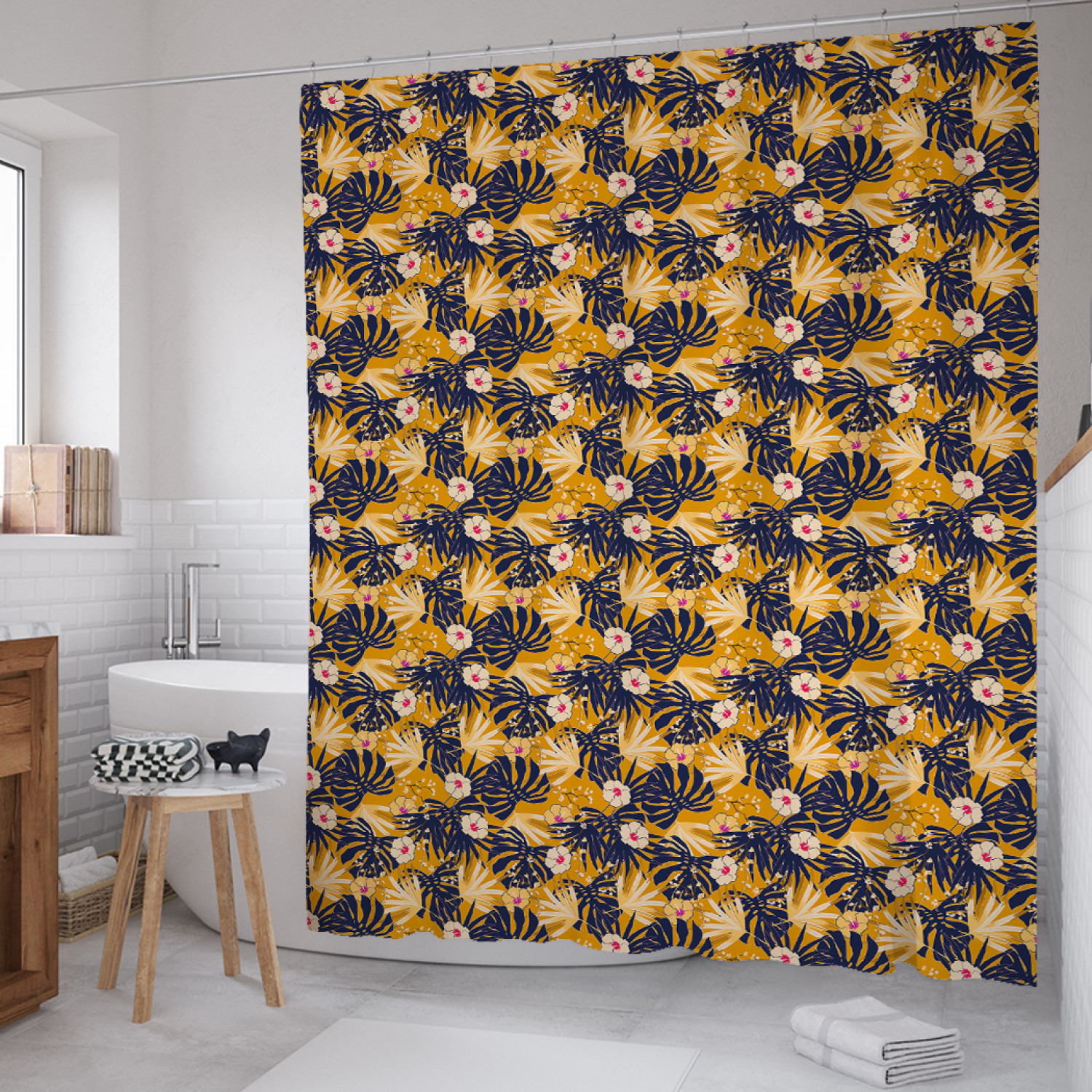 

Штора для ванной JoyArty "Монстера, пальмы и гибискус" из сатена, 180х200 см с крючками, Желтый, Монстера, пальмы и гибискус