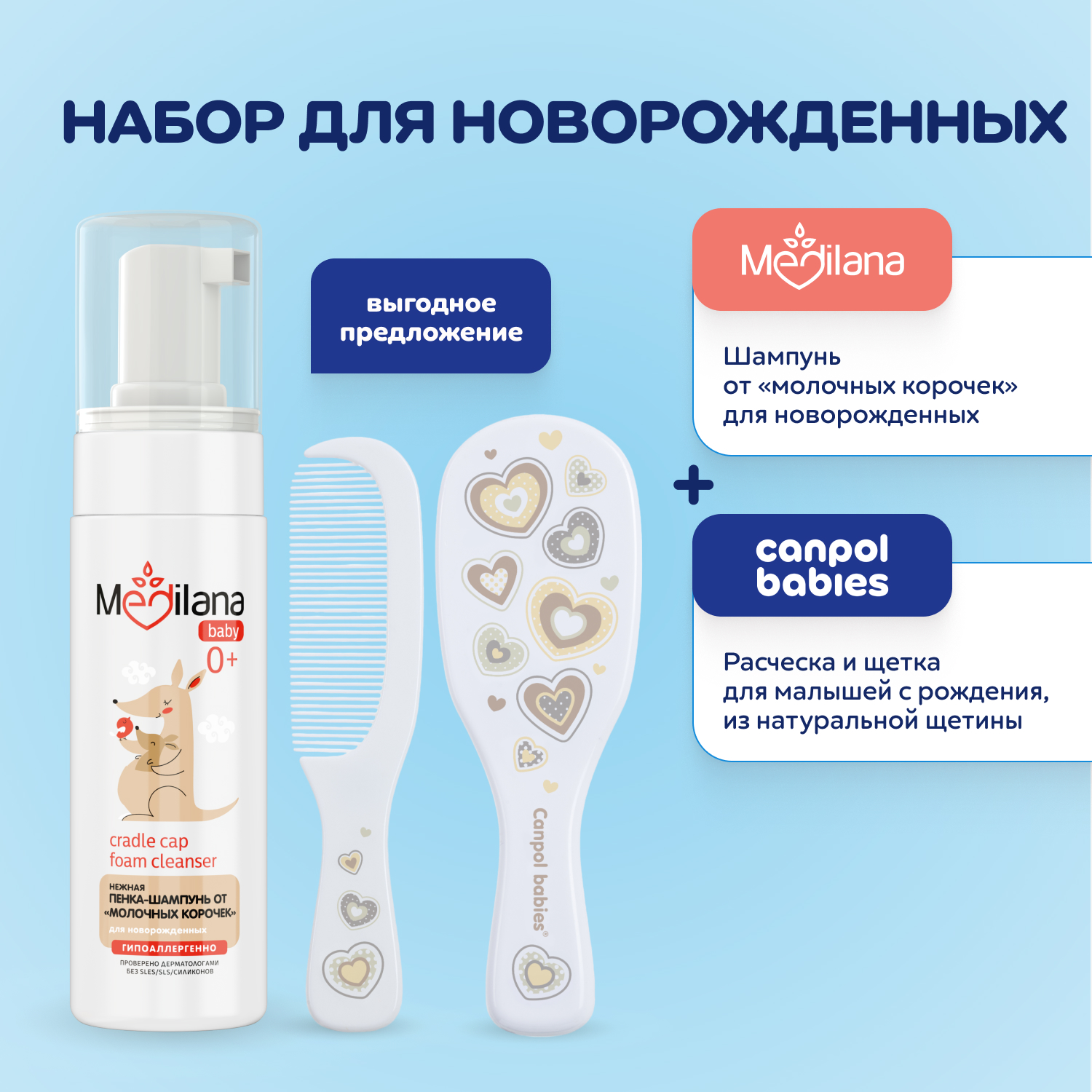 

Детский набор Medilana+Canpol шампунь-пенка от молочных корочек и набор расчесок