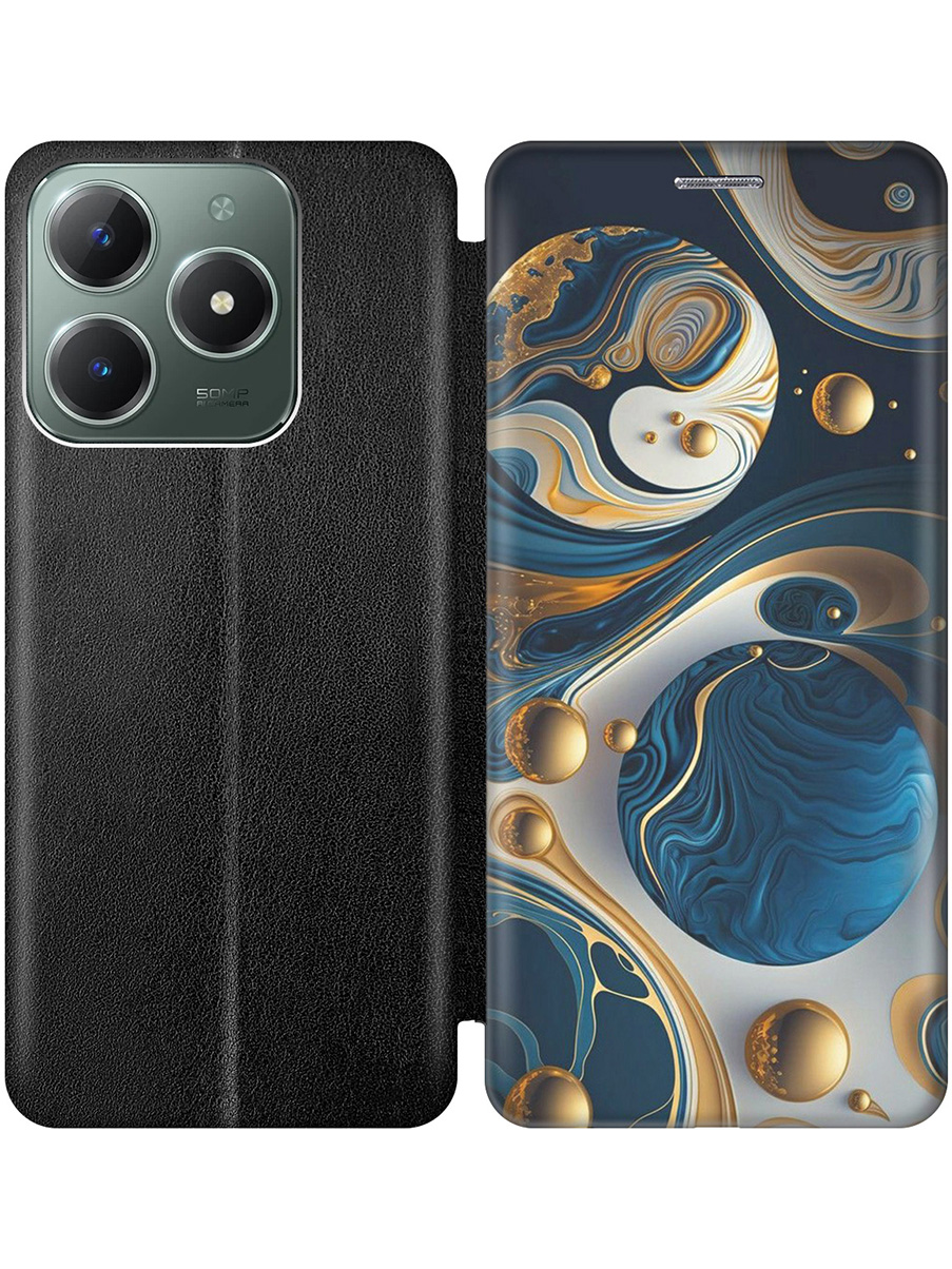 

Чехол-книжка на Realme C61 / C63 с принтом "Сине-золотые фигуры" черный, Черный;желтый;синий, 785979632