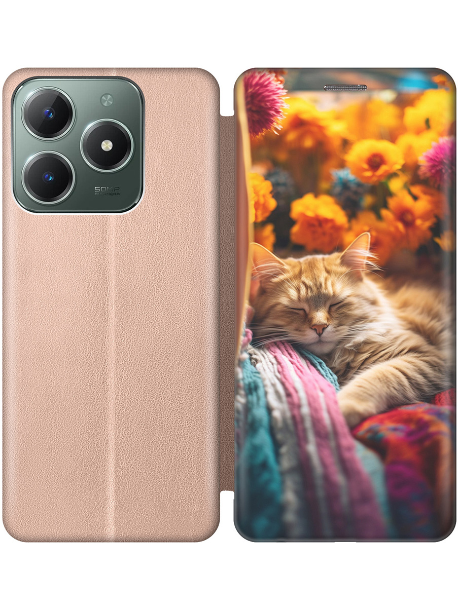 

Чехол-книжка на Realme C61 / C63 с принтом "Спящий на пледе котик" золотой, Золотистый;белый;желтый, 785979611