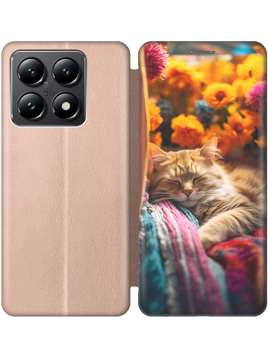 

Чехол-книжка на Xiaomi 14T с принтом "Спящий на пледе котик" золотой, Золотистый;белый;желтый, 785978411