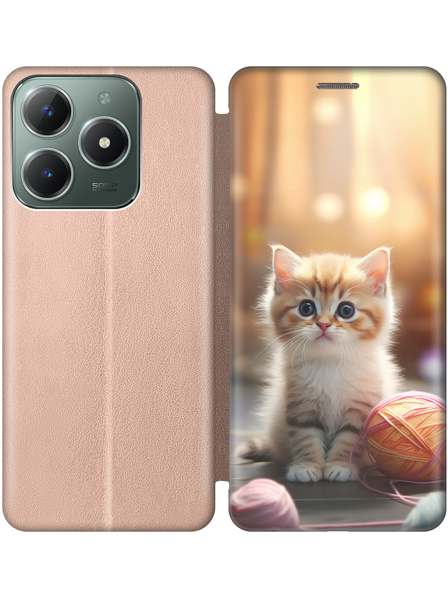

Чехол-книжка на Realme C61 / C63 с принтом "Котик и нитки" золотой, Золотистый;белый;желтый;розовый, 785979611