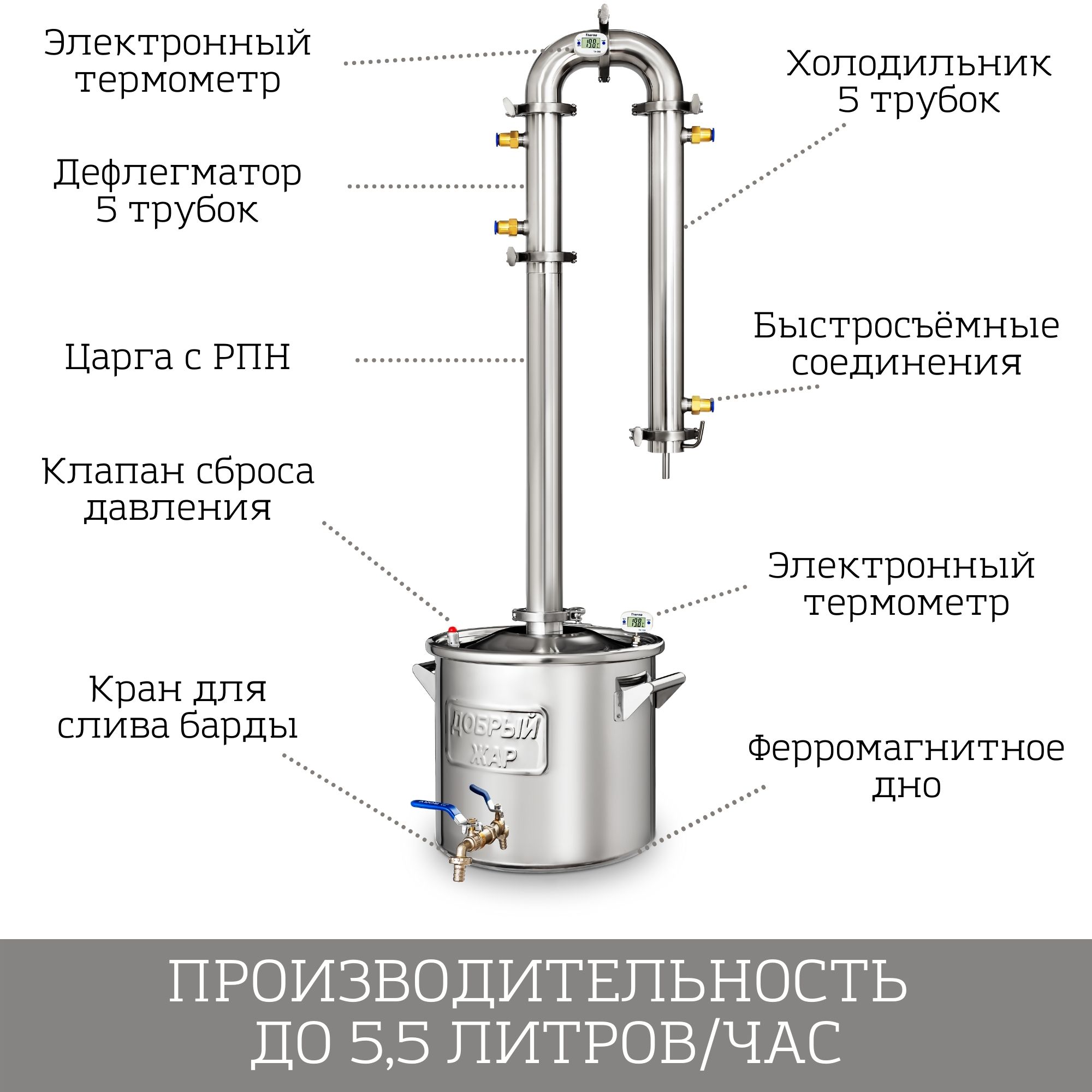 фото Самогонный аппарат колонного типа с дефлегматором 5 трубок, добрый жар "абсолют" 20 литров