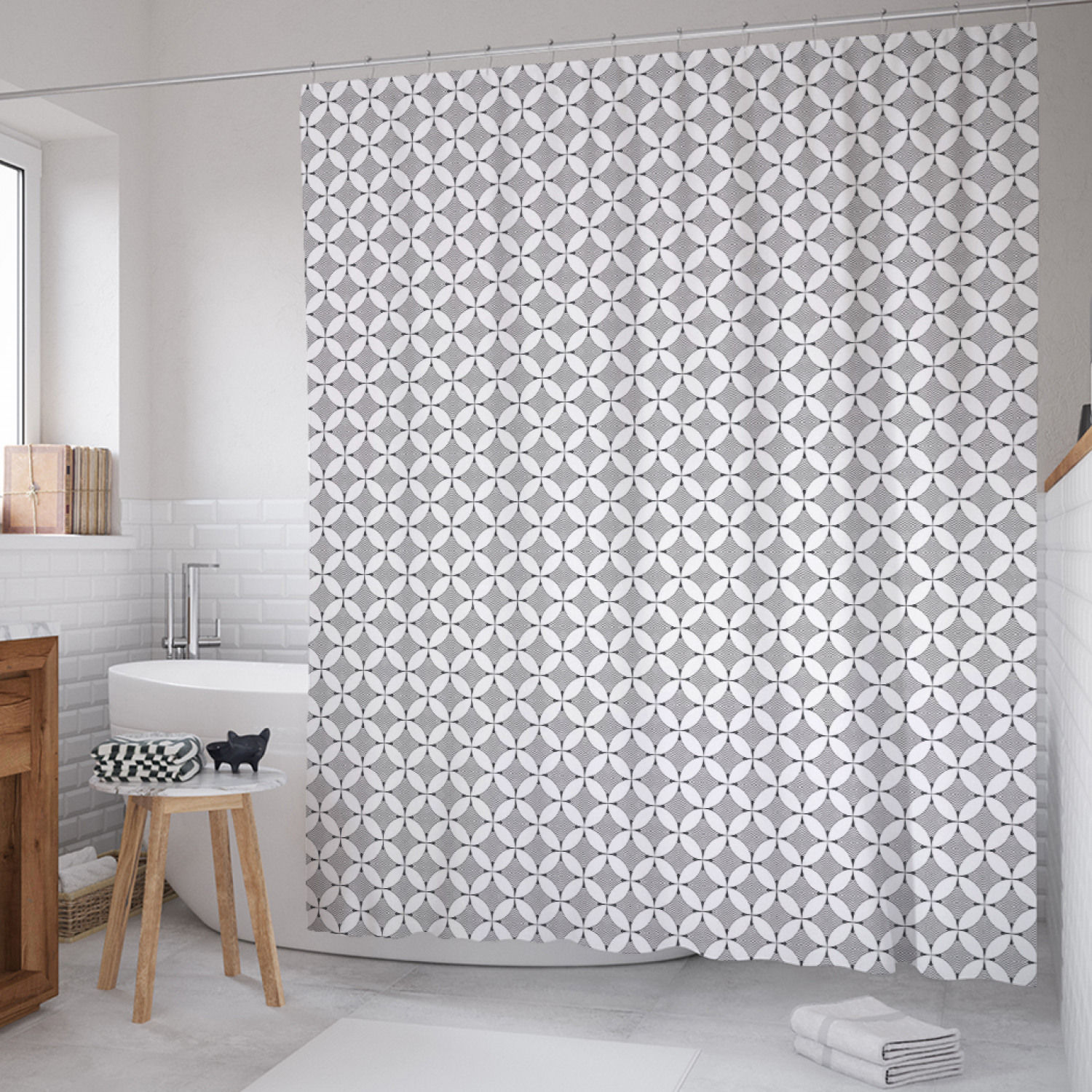 

Штора для ванной JoyArty "Двухцветная геометрия" из сатена, 180х200 см с крючками, Серый, Двухцветная геометрия