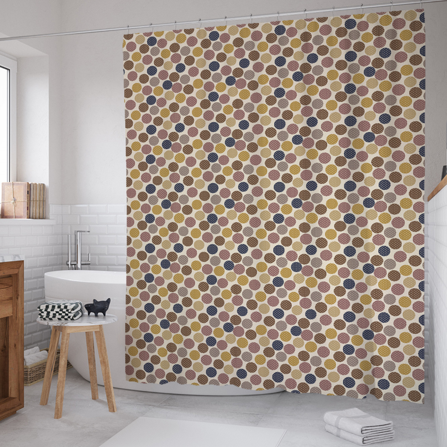 

Штора для ванной JoyArty "Полька кругов" из сатена, 180х200 см с крючками, Бежевый, Полька кругов