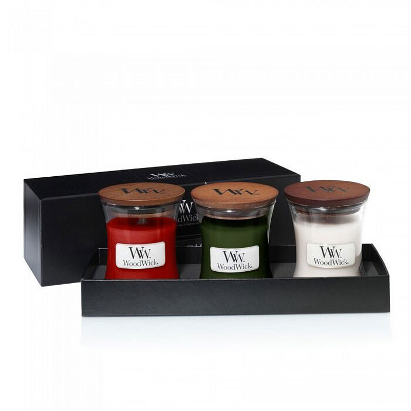 фото Подарочный набор из трех свечей woodwick (пихта, белый тик, малиновые ягоды)