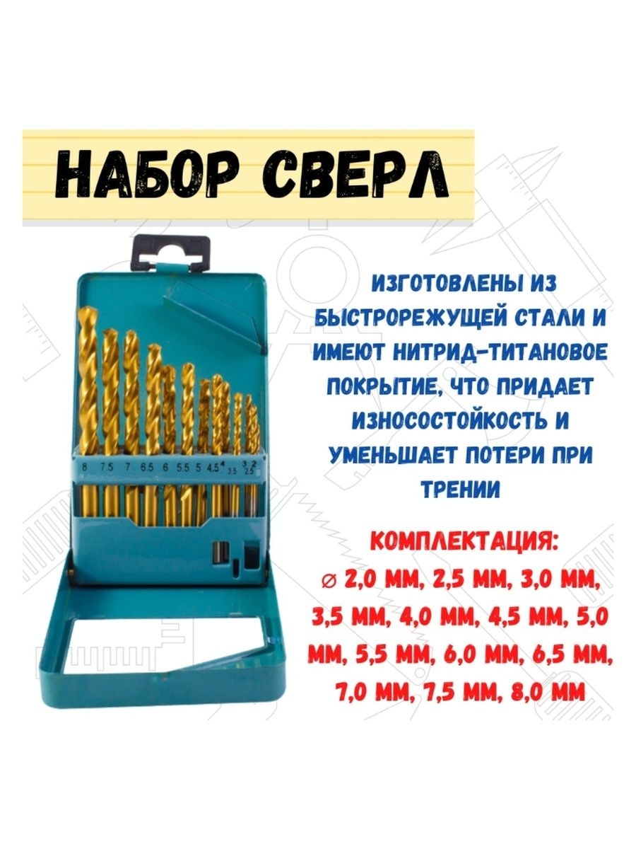 

Набор нитрид-титановых сверл по металлу, 2.0-8.0, 13 пр., 36-8-203