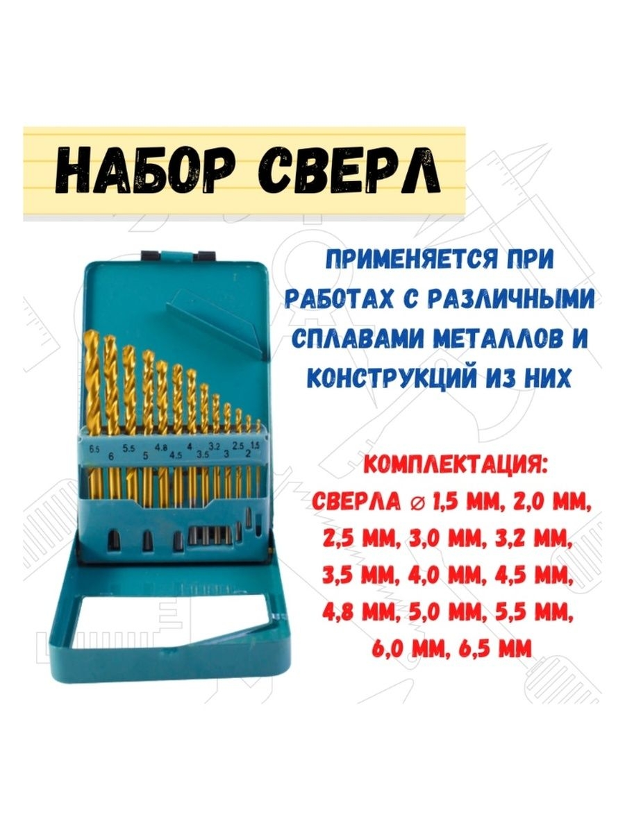 

Набор нитрид-титановых сверл по металлу 1.5-6.0мм 13 шт, 36-8-201