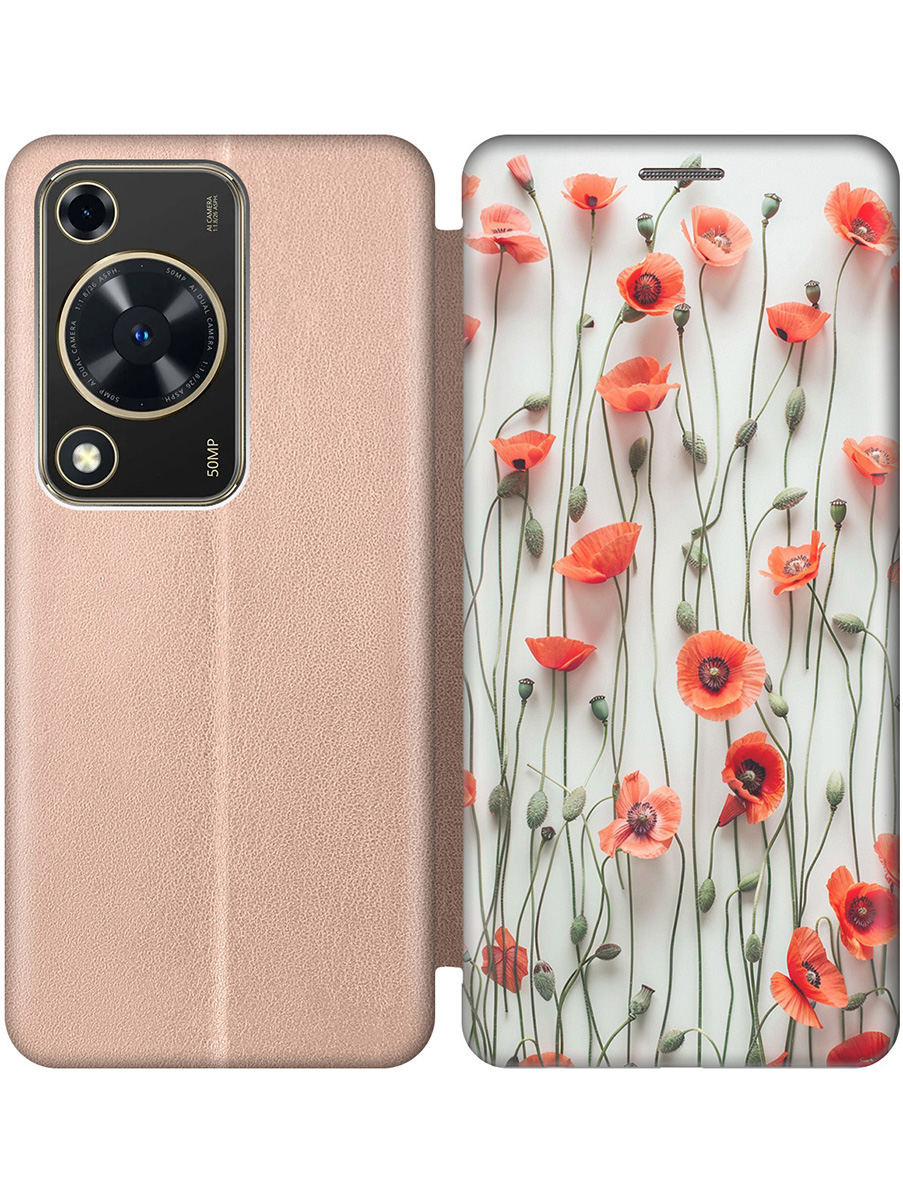

Чехол-книжка на Huawei nova Y72 с принтом "Маки на белой стене" золотой, Золотистый;белый;красный, 785977822