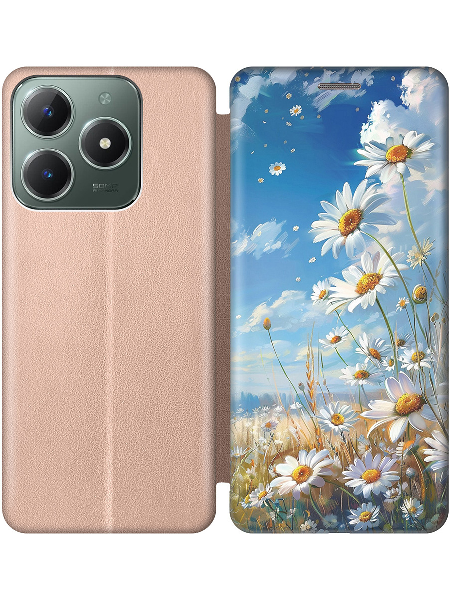 

Чехол-книжка на Realme C61 / C63 с принтом "Ромашки на поле" золотой, Золотистый;белый;синий, 785979622