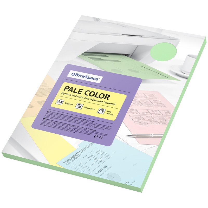 Цветная бумага в листах ArtSpace OfficeSpace, Pale Color, A4, 80 г/м, 100 листов, зеленый
