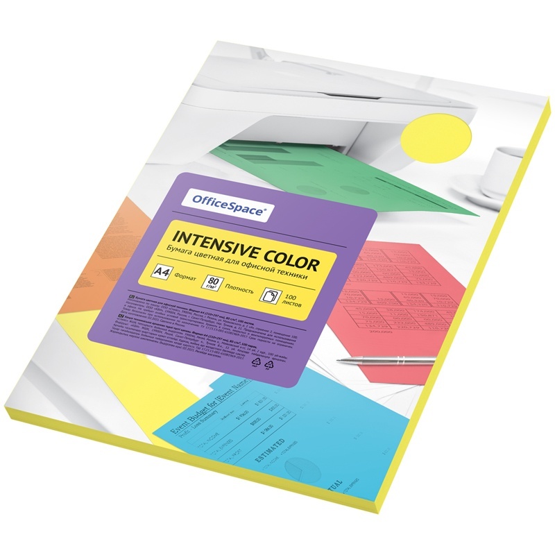 Цветная бумага в листах OfficeSpace Intensive Color, A4, 80 г/м, 100 листов, (желтый)