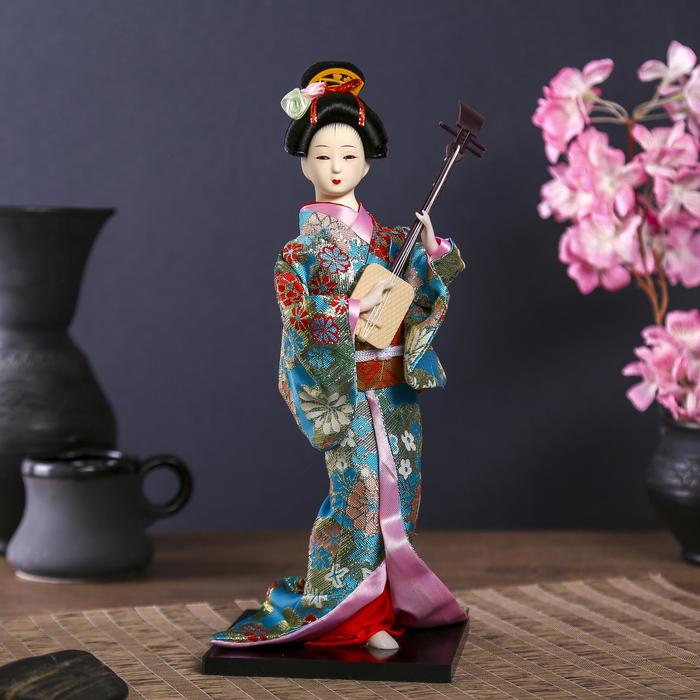 Кукла коллекционная Гейша в цветочном кимоно с музыкальным инструментом 30 см
