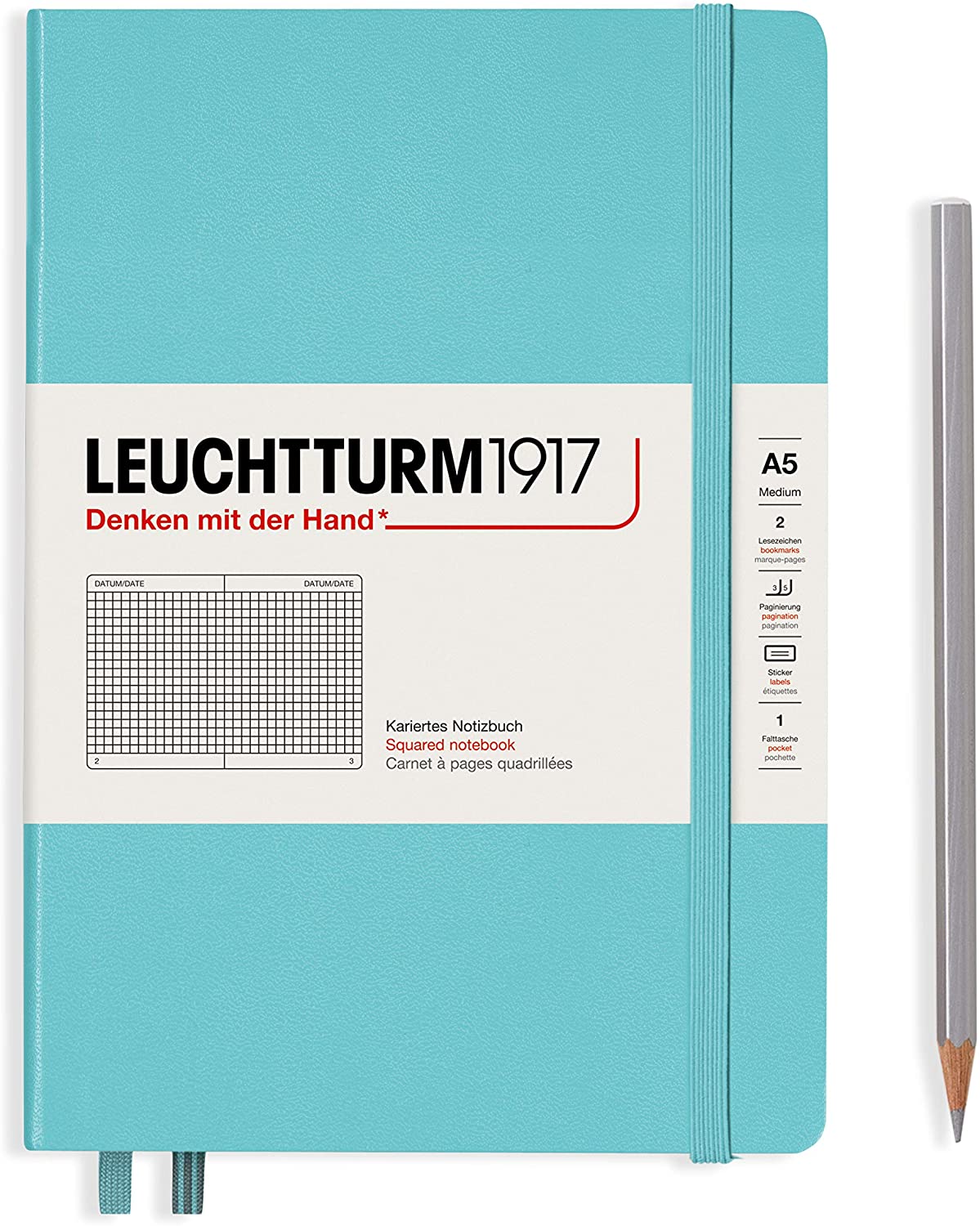 

Блокнот Leuchtturm Rising Colours А5 (в клетку) 125 листов бирюзовый твердая обложка, Rising Colours