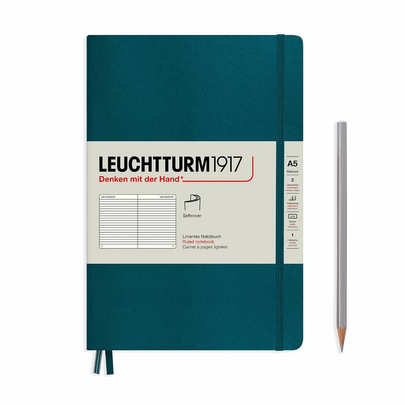 

Блокнот Leuchtturm А5 (в линейку) 61 лист тихоокеанский зеленый мягкая обложка, Softcover Medium