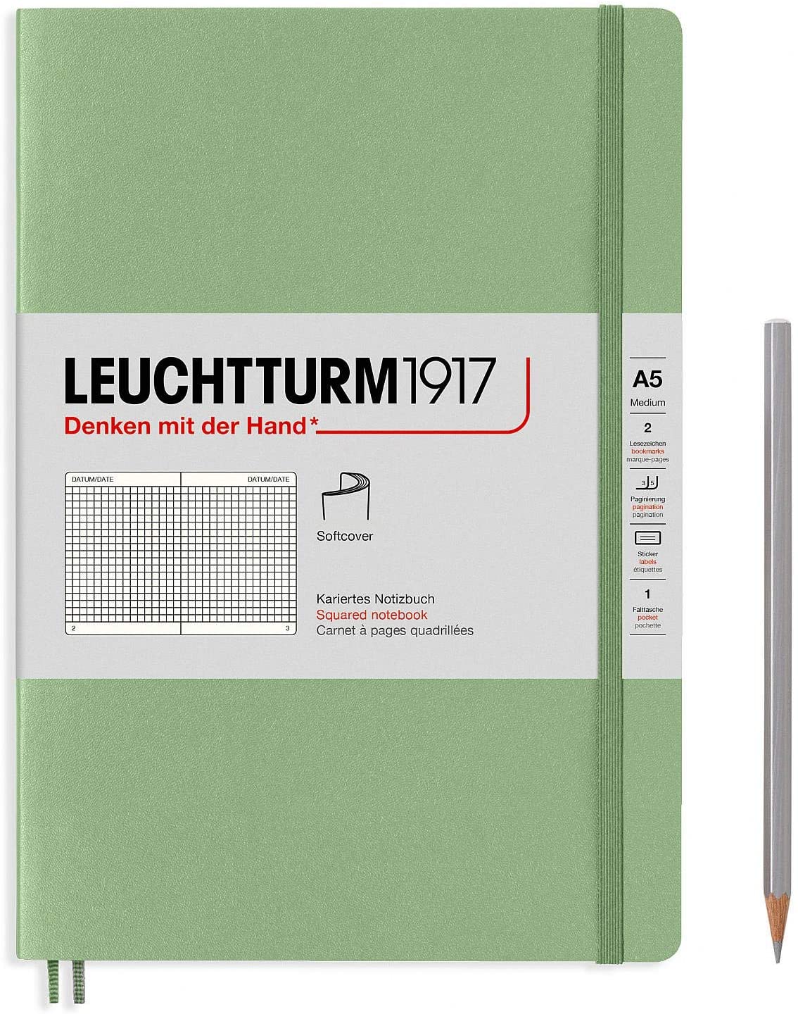 

Блокнот Leuchtturm А5 (в клетку) 61 лист пастельный зеленый мягкая обложка, Softcover Medium