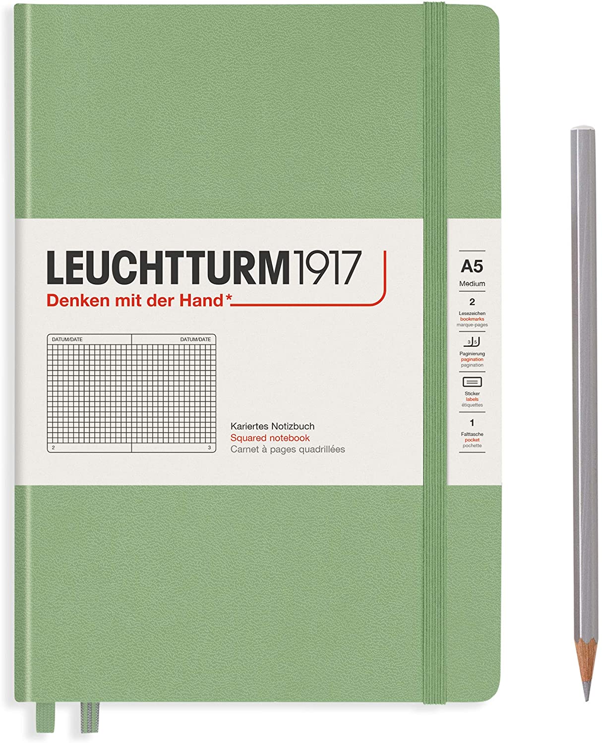 Блокнот Leuchtturm1917 А5 в клетку 125 листов пастельный зеленый твердая обложка