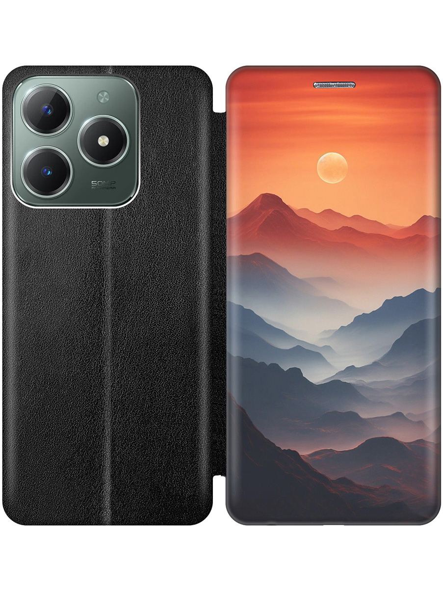 

Чехол-книжка на Realme C61 / C63 с принтом "Луна над горами" черный, Черный;оранжевый, 785979641