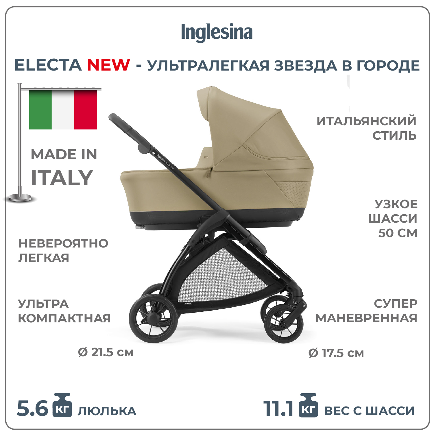 Коляска 3 в 1 i-Size Inglesina Electa New с подставкой под люльку Standup, Dumbo Caramel коляска inglesina electa с подставкой под люльку standup 3 в 1