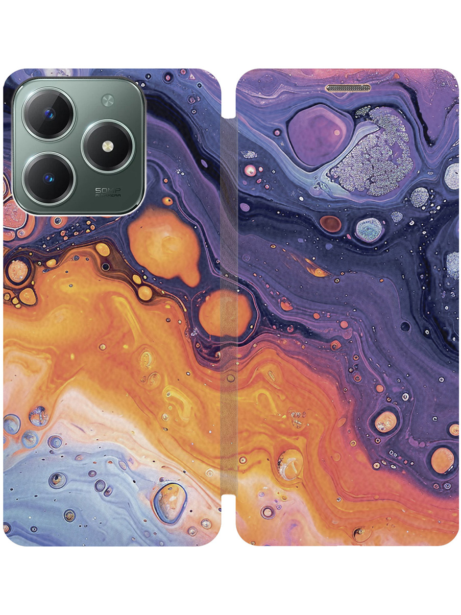 

Чехол-книжка на Realme C61 / C63 с принтом "Фиолетовые разводы" золотой, Золотистый;желтый;фиолетовый, 785979631
