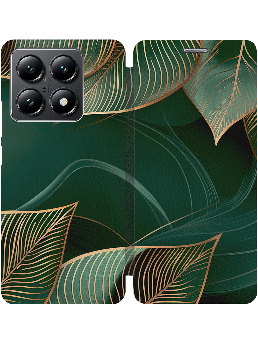 

Чехол-книжка на Xiaomi 14T с принтом "Малахитовые листья" черный, Черный;зеленый, 785978441
