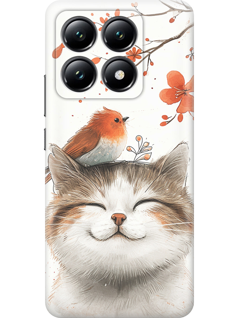 

Силиконовый чехол на Xiaomi 14T с принтом "Довольный котик и птичка", Прозрачный;белый;красный, 785978411