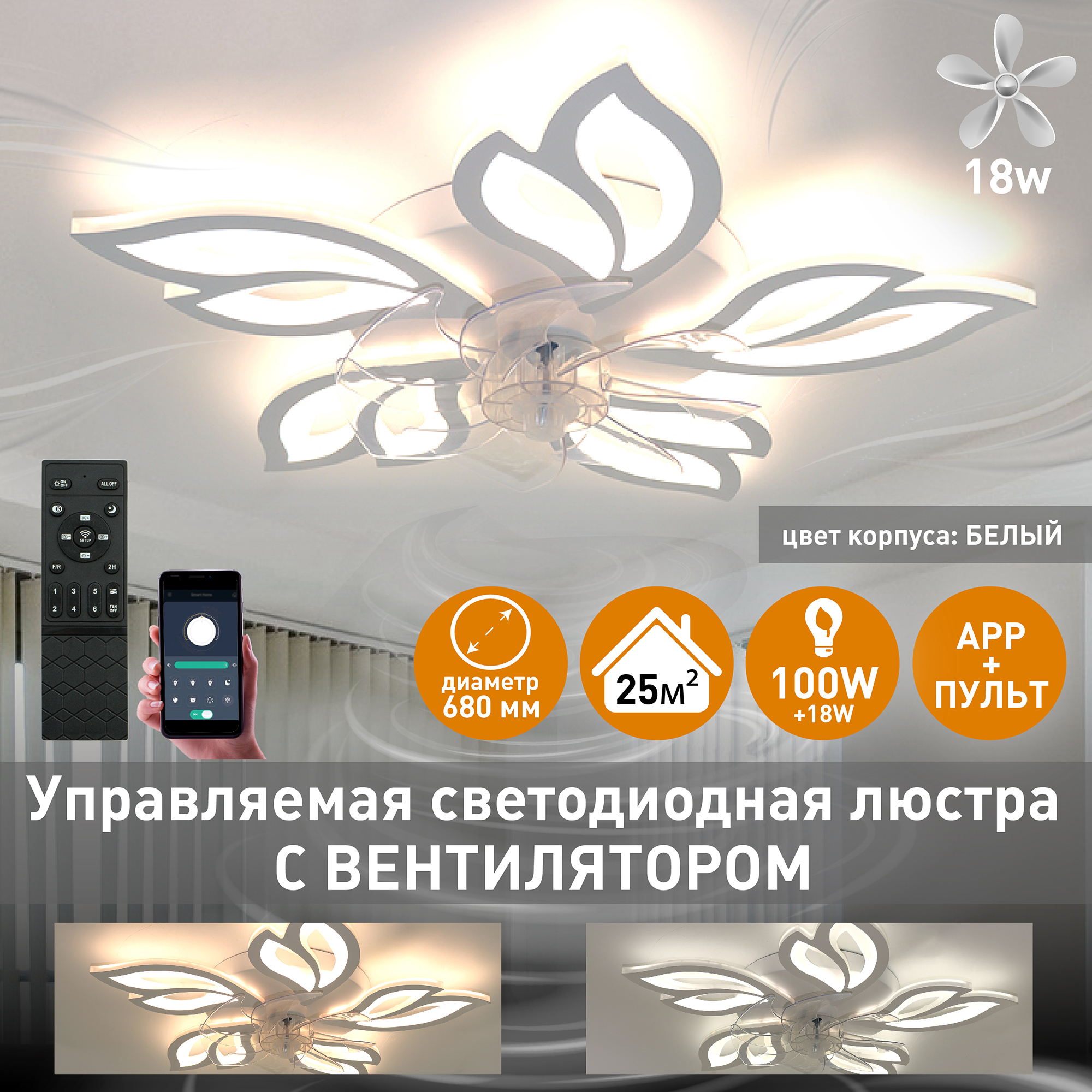 Люстра потолочная светодиодная Estares FAN ASTRA 100W+18W-APP-680x120-220 с вентилятором