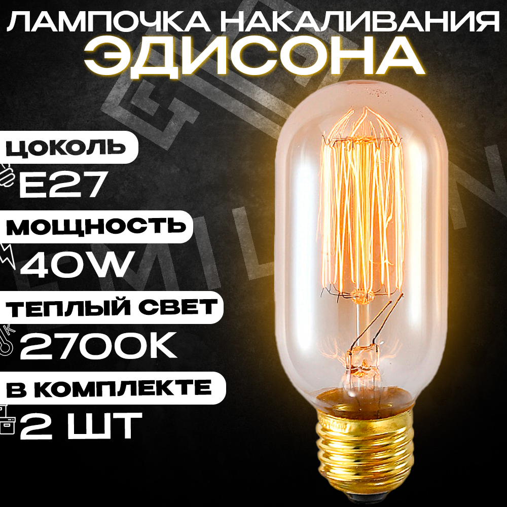 Лампочка накаливания Emilion Loft Edison T45 2 шт винтажная