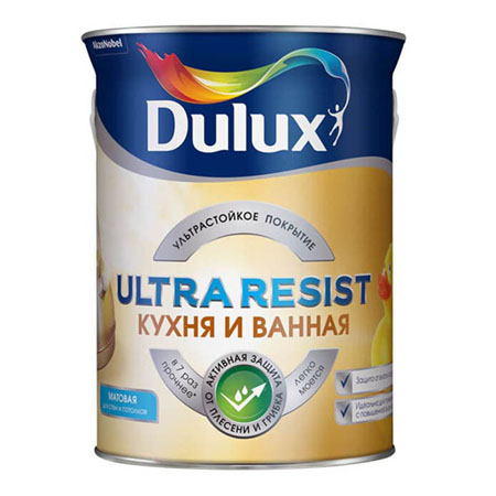 краска dulux ultra resist для кухни и ванной база bw 5 л Краска с защитой от плесени и грибка Dulux Ultra Resist Кухня И Ванная