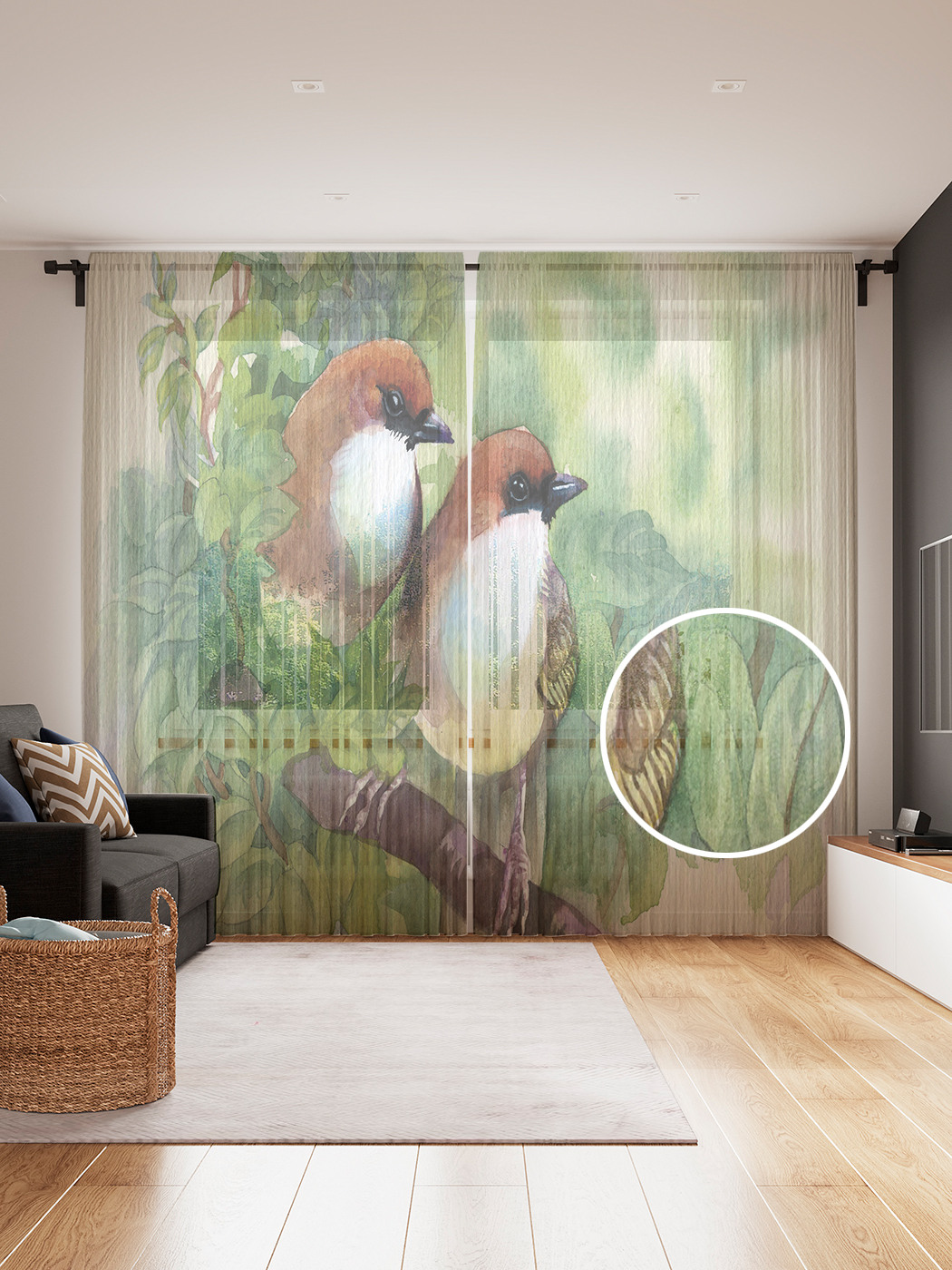 

Фототюль JoyArty "Птицы на ветке", 145x265см (2 полотна со шторной лентой + 50 крючков), Птицы на ветке