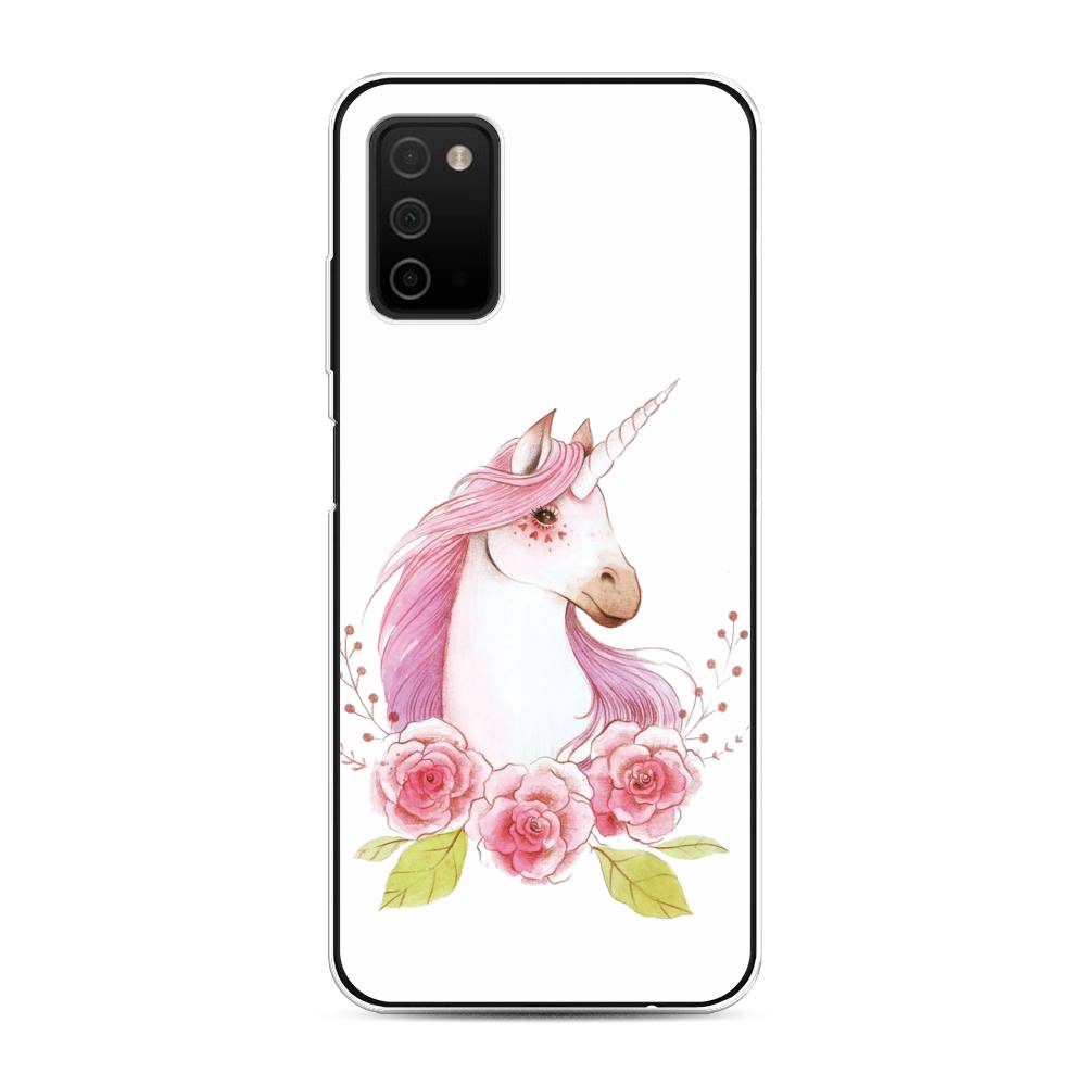 

Чехол на Samsung Galaxy A03s "Единорог цветы", Белый;розовый;серый, 2103250-1
