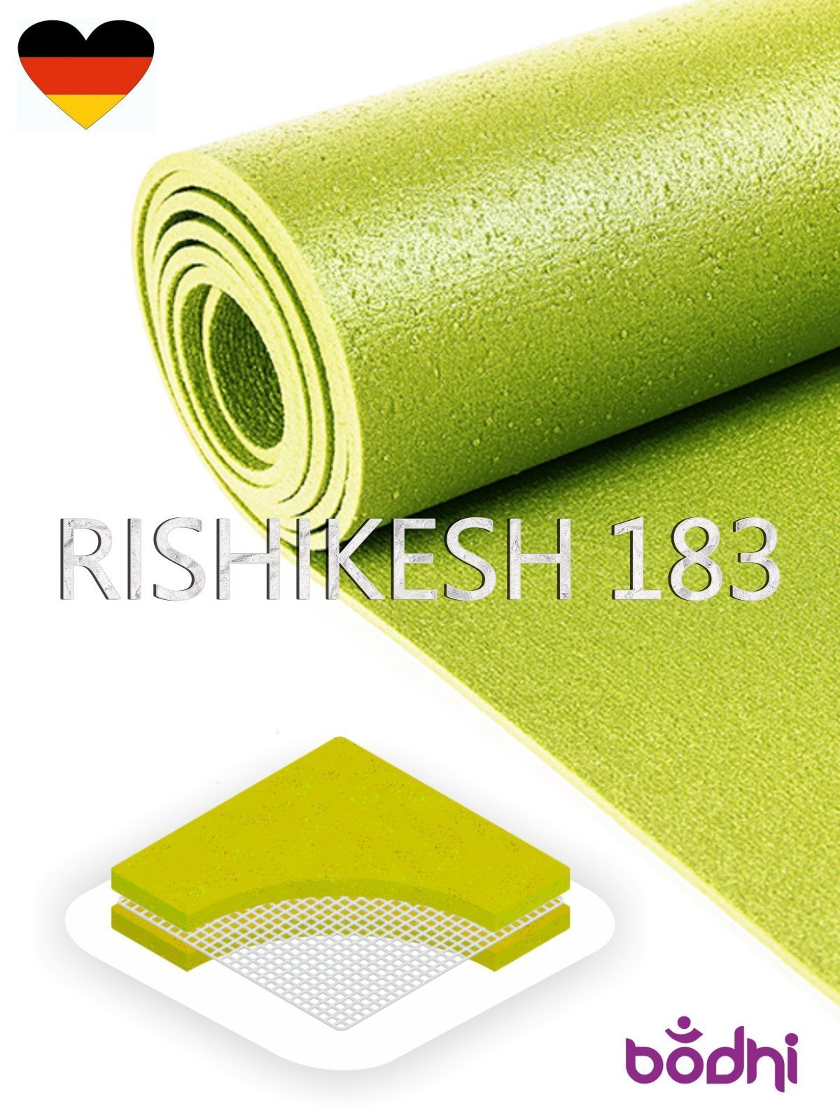 Коврик для йоги фитнеса Rishikesh PRO, зеленый, 183 х 80 х 0,45 , Bodhi Бодхи