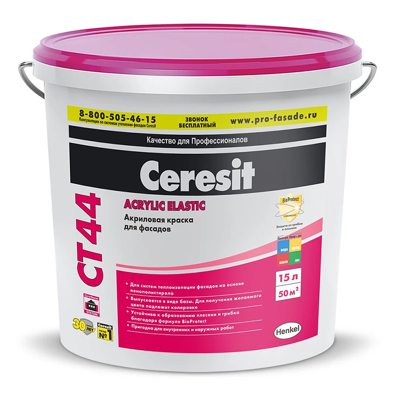 фото Краска акриловая водно-дисперсионная для фасадов ceresit ct 44 acrylic elastic