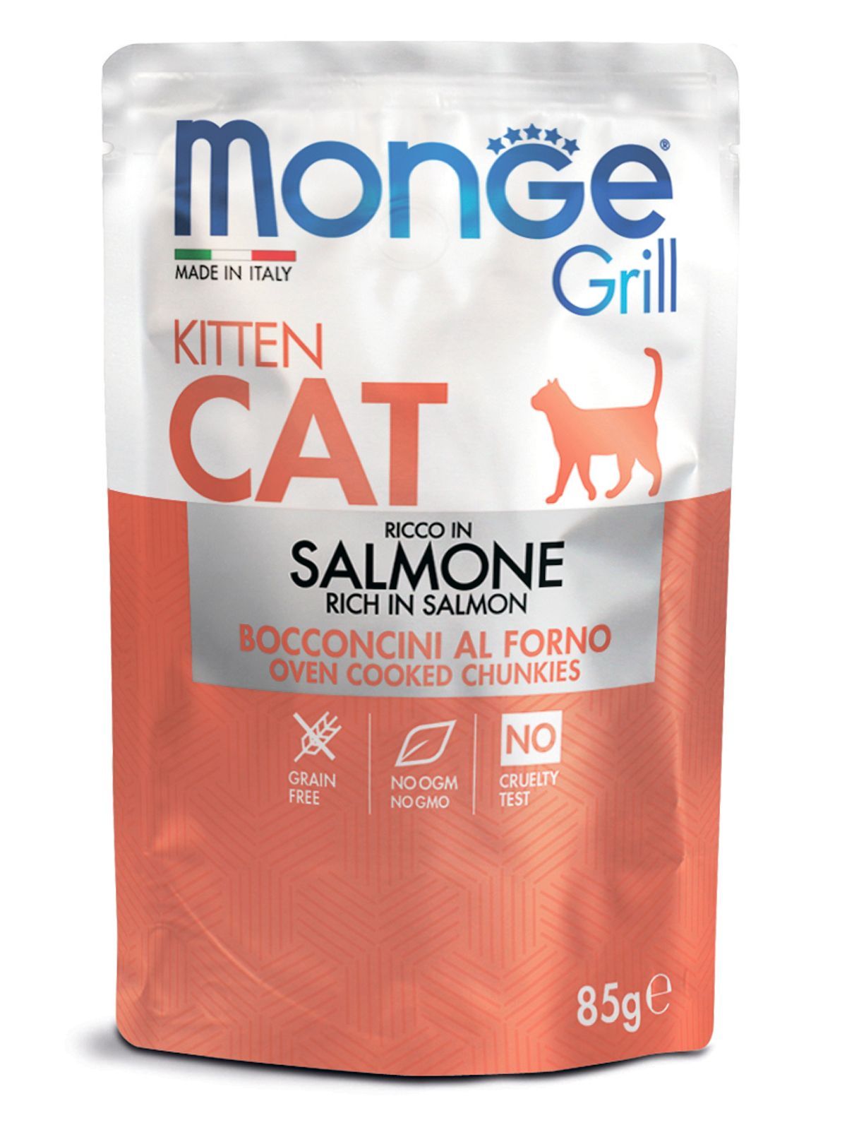 

Влажный корм для котят Monge Grill, лосось, 28шт по 85г, Grill Kitten