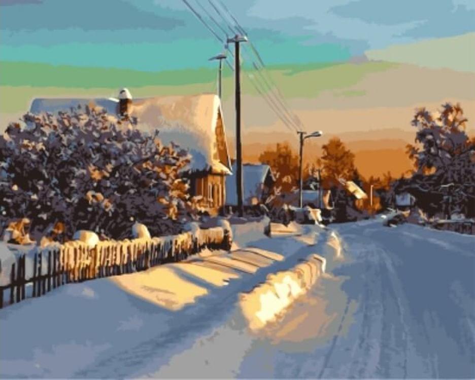 фото Картина по номерам gx5179 "зима в деревне" цветной
