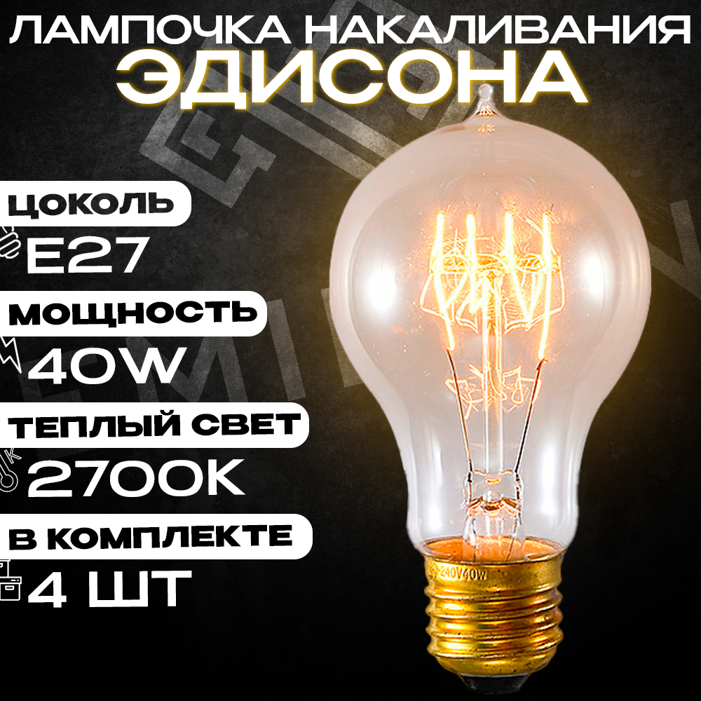 Лампочка накаливания Emilion Loft Edison A19 4 шт винтажная