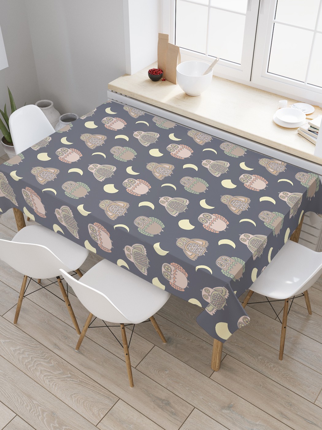 

Скатерть прямоугольная JoyArty "Ночные совы" из сатена, 120x145 см, Серый, Ночные совы