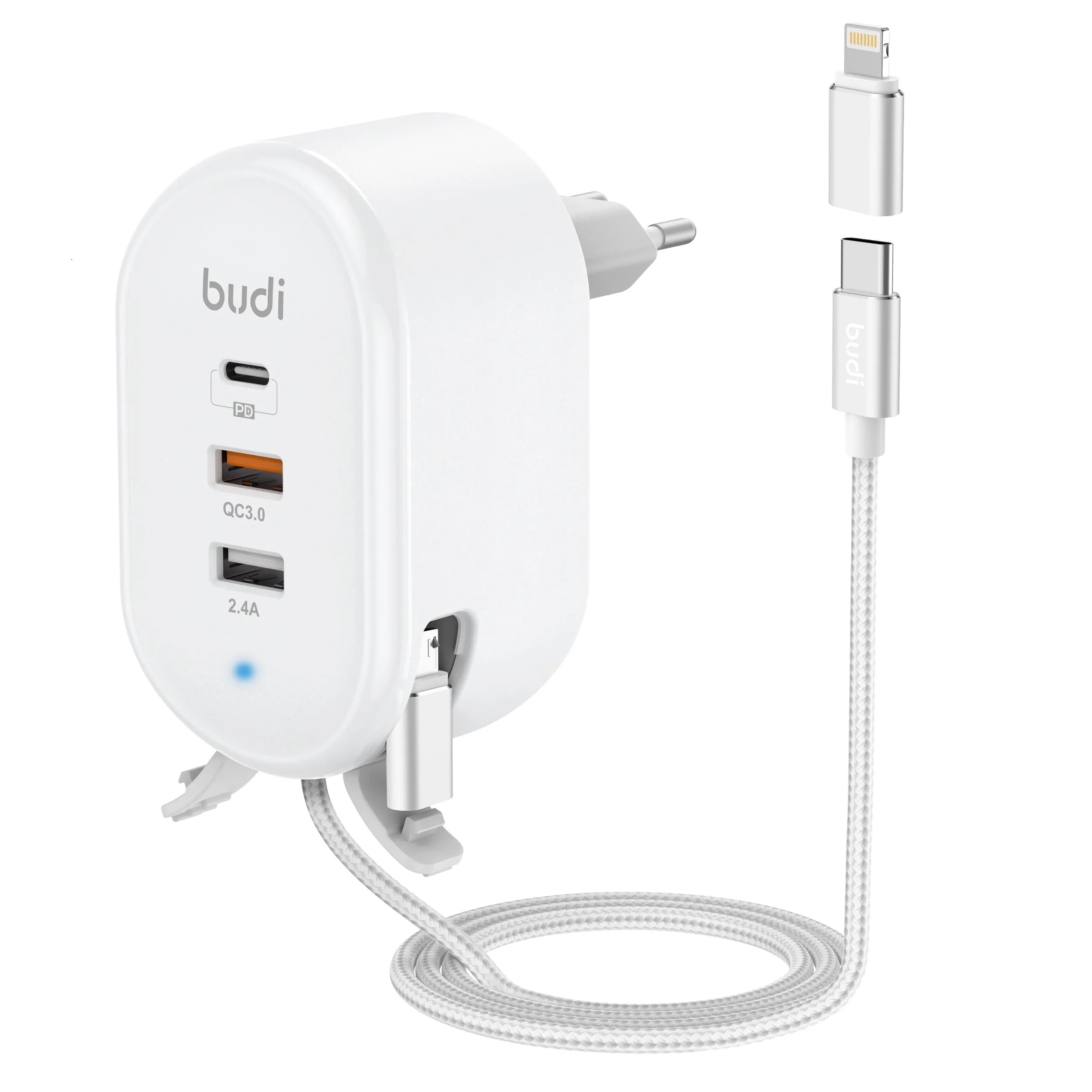 Сетевое зарядное устройство Budi type-c 1xUSB Type-C, 2xUSB Type A 3 А белый