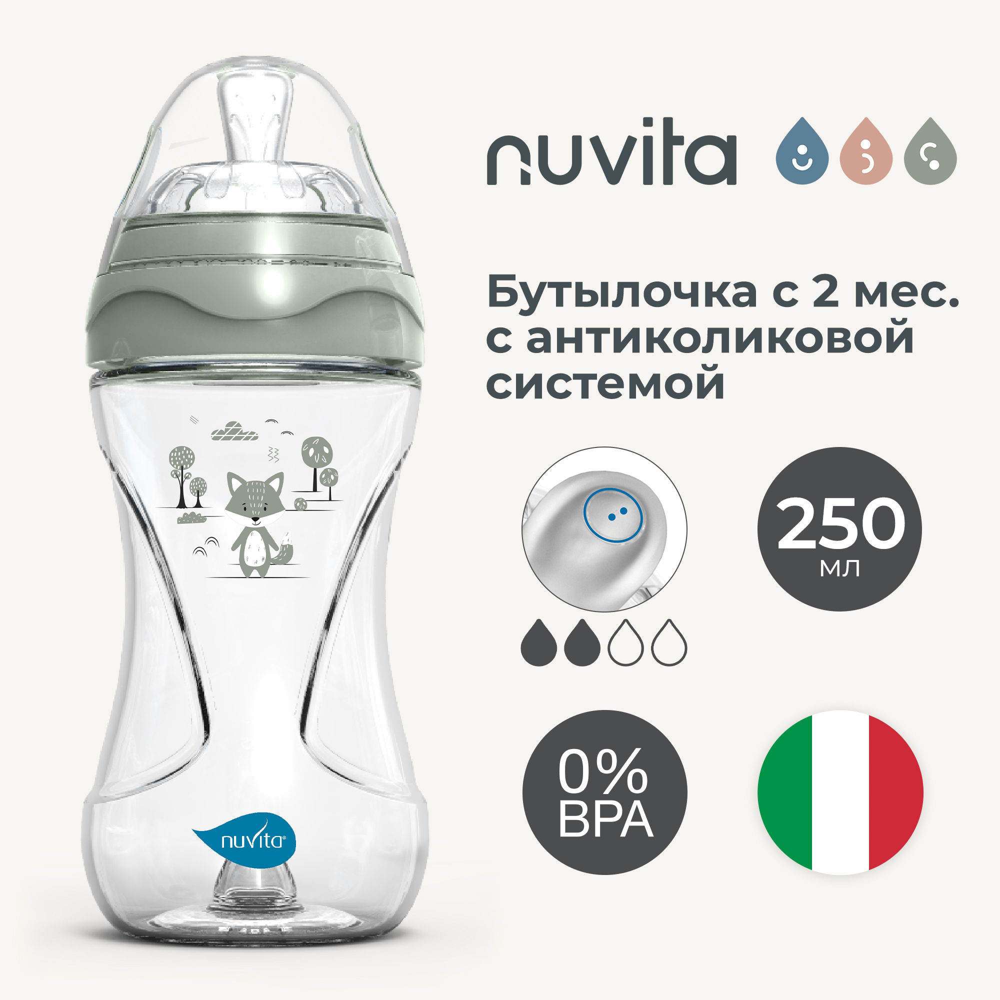 

Бутылочка антиколиковая Nuvita Materno Feel для детей с 2 мес пластик зеленая 250 мл, Зеленый;прозрачный