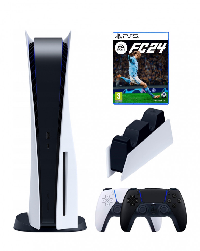 

Приставка Sony PlayStation 5+2-ой геймпад(черный)зарядное FC24 (диск), Белый;черный