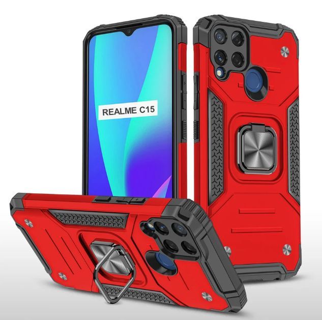 Противоударный чехол для Realme C15 красный с кольцом подставкой