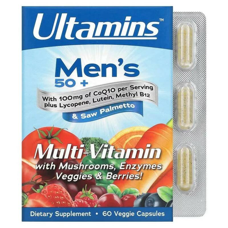 

Ultamins Men's 50+ Multivitamin with CoQ10, Mushrooms, Enzymes, Veggies&Berries, 60 капсул, Men's 50+ Multivitamin with CoQ10, Mushrooms, Enzymes, Veggies&Berries, 60 капсул